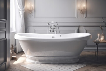 Fototapeta na wymiar White classic bathtub front view, bathroom in light colors. Scandinavian minimalist style, stylish bathroom. Generative AI professional photo imitation.