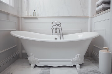 Fototapeta na wymiar White classic bathtub front view, bathroom in light colors. Scandinavian minimalist style, stylish bathroom. Generative AI professional photo imitation.
