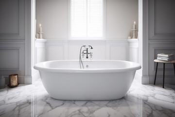 Obraz na płótnie Canvas White classic bathtub front view, bathroom in light colors. Scandinavian minimalist style, stylish bathroom. Generative AI professional photo imitation.