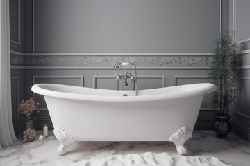 White classic bathtub front view, bathroom in light colors. Scandinavian minimalist style, stylish bathroom.  Generative AI professional photo imitation.