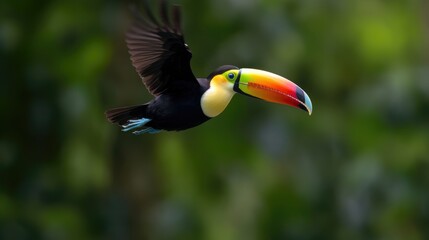 With colorful plumage trailing behind, a toucan glides through the clouds