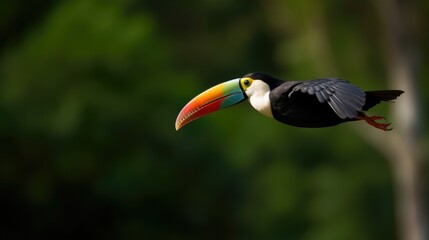 Naklejka premium In mid-air ballet, a toucan's flight showcases its agility and aerial prowess