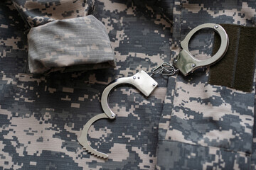 military camouflage uniform, handcuffed on background.