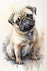 Obraz premium Pug dog watercolor style painting. Generative AI illustration