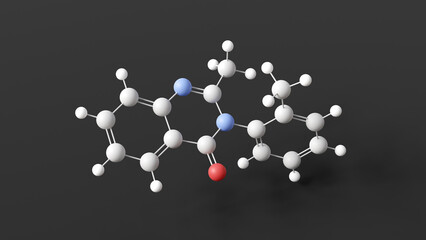 methaqualone molecule, molecular structure, quaalude, ball and stick 3d model, structural chemical formula with colored atoms