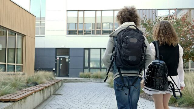 Two high school students, a boy and a girl, go to class. Teenagers are talking animatedly. Back view.