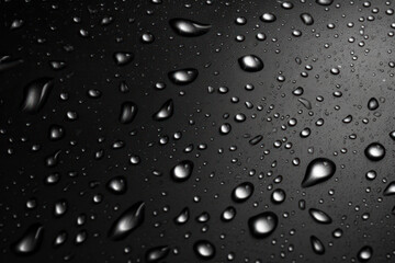 Water drops on a black leather surface. Close up water drops on black background. Abstract black wet texture with bubbles on plastic PVC surface or grunge. Realistic pure water droplets condensed. AI