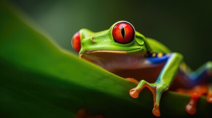 Captivating close-up of the striking Red-eyed Tree Frog showcasing its vivid red eyes
