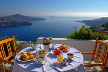 Breakfast on the veranda of the hotel with a magnificent view of the Greek island and the sea. AI - obrazy, fototapety, plakaty
