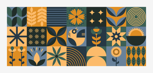 Abstract geometric floral pattern. Minimal natural flower leaf plants simple shapes, agriculture concept. Vector banner