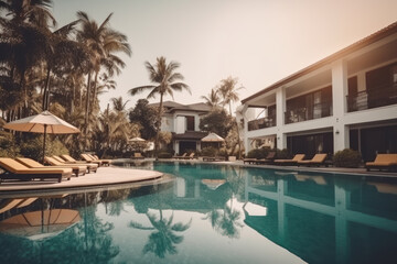 Tropical front hotel resort with swimming pool, sun-loungers and palm trees during a sunny day. Concept summer holiday. AI