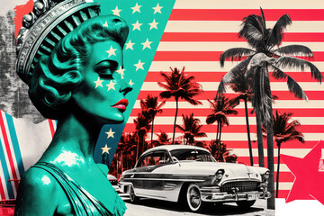 4th of July Independence Day patriotic collage. Statue of Liberty, american flag and retro car. Generative AI
