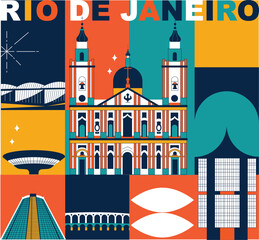 Typography word "Rio De Janeiro" branding technology concept. Collection of flat vector web icons, culture travel set, famous architectures, specialties detailed silhouette. Brazilian famous landmark.