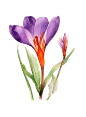 Watercolor Saffron flower with leaves isolated on white background