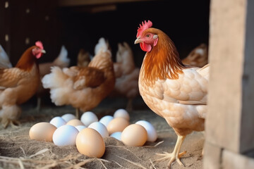 Hen lays eggs at a chicken coop in a group of chickens at a bio farm. Chicken eggs in hen house. Hens in hen house.  AI - obrazy, fototapety, plakaty