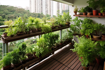 Fototapeta na wymiar Flowers in pots on the balcony. Garden on the balcony. Generative AI