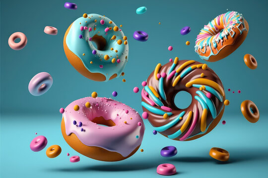 Falling rainbow delicious donuts on a flat blue background. Flying donuts with mirrored chocolate glaze and colored sprinkles. Generative AI 3d render illustration imitation.
