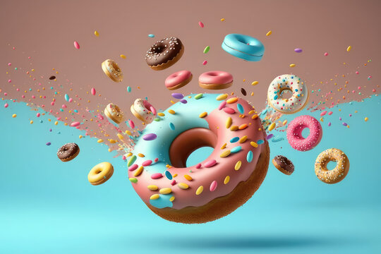 Falling delicious donuts on a flat blue background with copy space. Flying donuts with mirrored chocolate glaze and colored sprinkles. Generative AI 3d render illustration imitation.