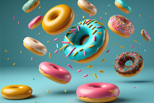 Yummy Falling delicious donuts on a flat blue background. Flying donuts with mirrored chocolate glaze and colored sprinkles. Generative AI 3d render illustration imitation.