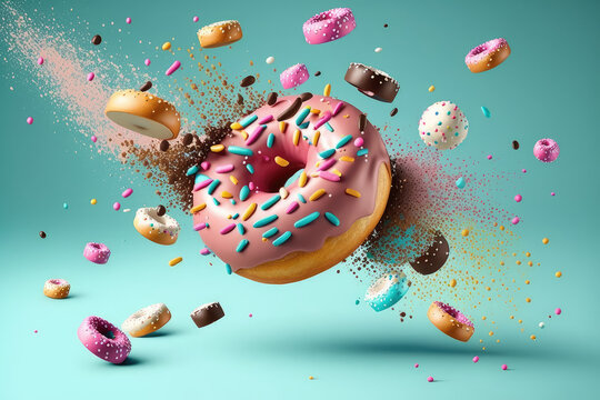 Falling delicious donuts on a flat blue background. Flying donuts with mirrored chocolate glaze and colored sprinkles. Generative AI 3d render illustration imitation.