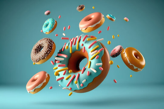 Falling delicious donuts on a flat blue background. Flying donuts with mirrored colorful glaze and colored sprinkles. Generative AI 3d render illustration imitation.