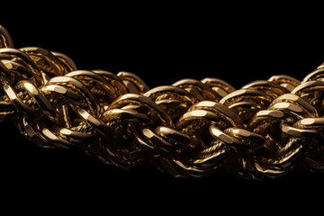 Massive golden braided chain on a dark background. Golden heavy metal chain texture. AI