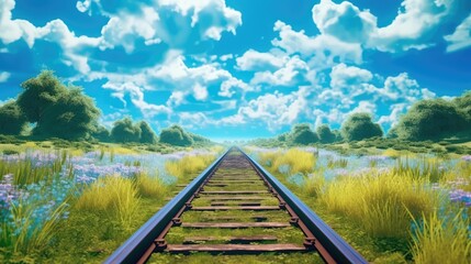 railroad close up to horizon and cloudy sky, generative ai
