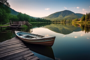 Wooden boat parked next to a old wooden dock at evening with mountains on background. Reflection of the forest in the green water. Beautiful sunny day. AI