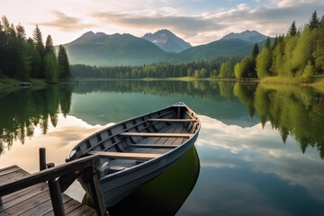 Obraz premium Wooden boat parked next to a old wooden dock at evening with mountains on background. Reflection of the forest in the green water. Beautiful sunny day. AI