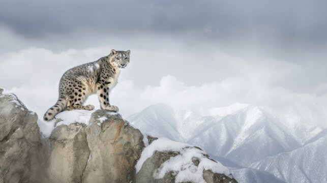 Camouflaged in white, the snow leopard blends with its wintry home