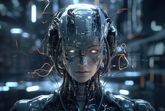 Cyborg, ai and alien robot on mockup in futuristic technology, generative ai