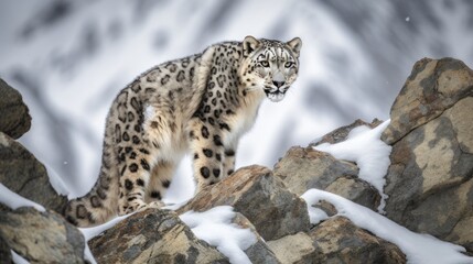 snow leopard trying to fond prey