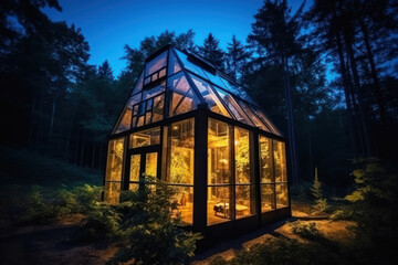 Glass lodge in the forest at blue hour. a glass cabin or cottage in the woods at night. AI