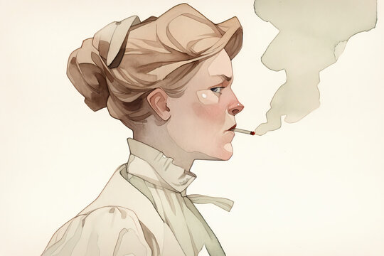 portrait of a blonde woman smoking, watercolour, painting