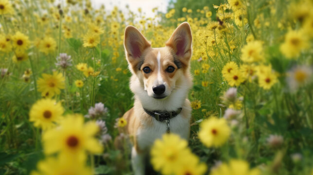 Generative Ai image of a cute dog surrounded by a field of flowers