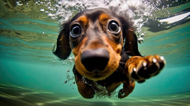 Image of a cute dog swimming under water. Generative Ai