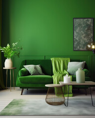 Green interior in modern interior of living room style with soft sofa and green wall, generative ai 