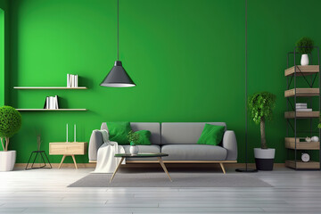 Green interior in modern interior of living room style with soft sofa and green wall, generative ai 