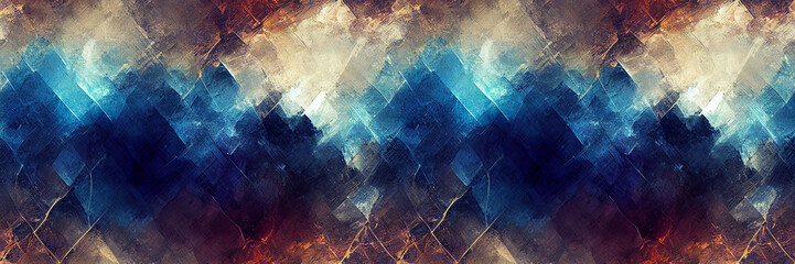Beautiful abstract panoramic background. Modern pictorial ornaments of blurred rhombuses in blue. Wide texture background with seamless pattern. Great for design and header. Generative AI.