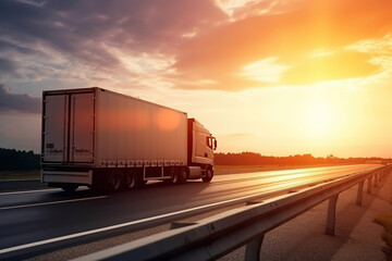 Fototapeta Logistics import export and cargo transportation industry concept of Container Truck run on highway road at sunset blue sky background, generative ai  obraz
