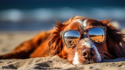 Dog with glasses on the beach. Generative Ai