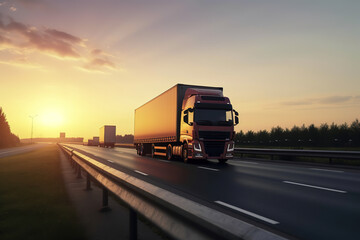 Logistics import export and cargo transportation industry concept of Container Truck run on highway road at sunset blue sky background, generative ai  - obrazy, fototapety, plakaty
