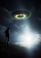 Fototapeta na wymiar Man being abducted by UFO - alien abduction concept, generative ai 
