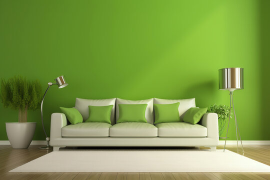 Green interior in modern interior of living room style with soft sofa and green wall, generative ai 