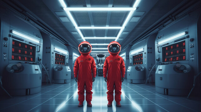 Portrait in a protective suit against the virus and radiation for a researcher in the nuclear physics laboratory. People in a spacesuit at the reactor. Created with AI.