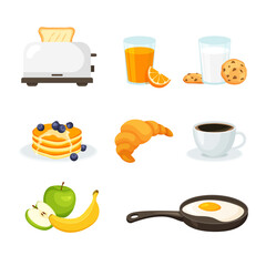 Healthy breakfast icon set. Collection food and drinks. Toasts, pancakes, omelette, croissant, milk etc. Vector illustration in trendy flat style.