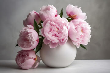 Pink Peonies in a White Vase on a Light Gray Background, generative ai 