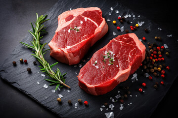 Fototapeta na wymiar Raw steak on a slate. Two raw steaks on a dark shale background. Slice of meat with salt, pepper and herbs, generative ai 