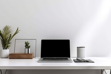 Fototapeta premium Cropped image of a laptop with an open blank screen and a basic workspace. Generative AI