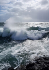 Waves Breaking and Spraying at High Seas and Strong Winds, generative ai 